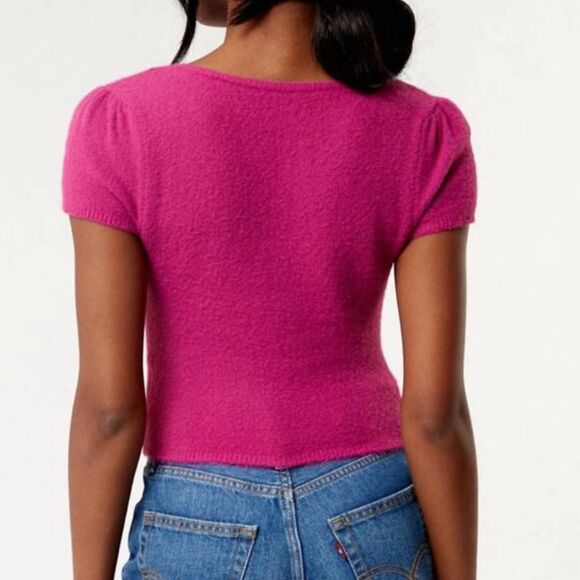 NWT Free People Keep Me Warm Crop Top Fuschia V Scoop Neck Short Sleeves M L - Picture 5 of 8
